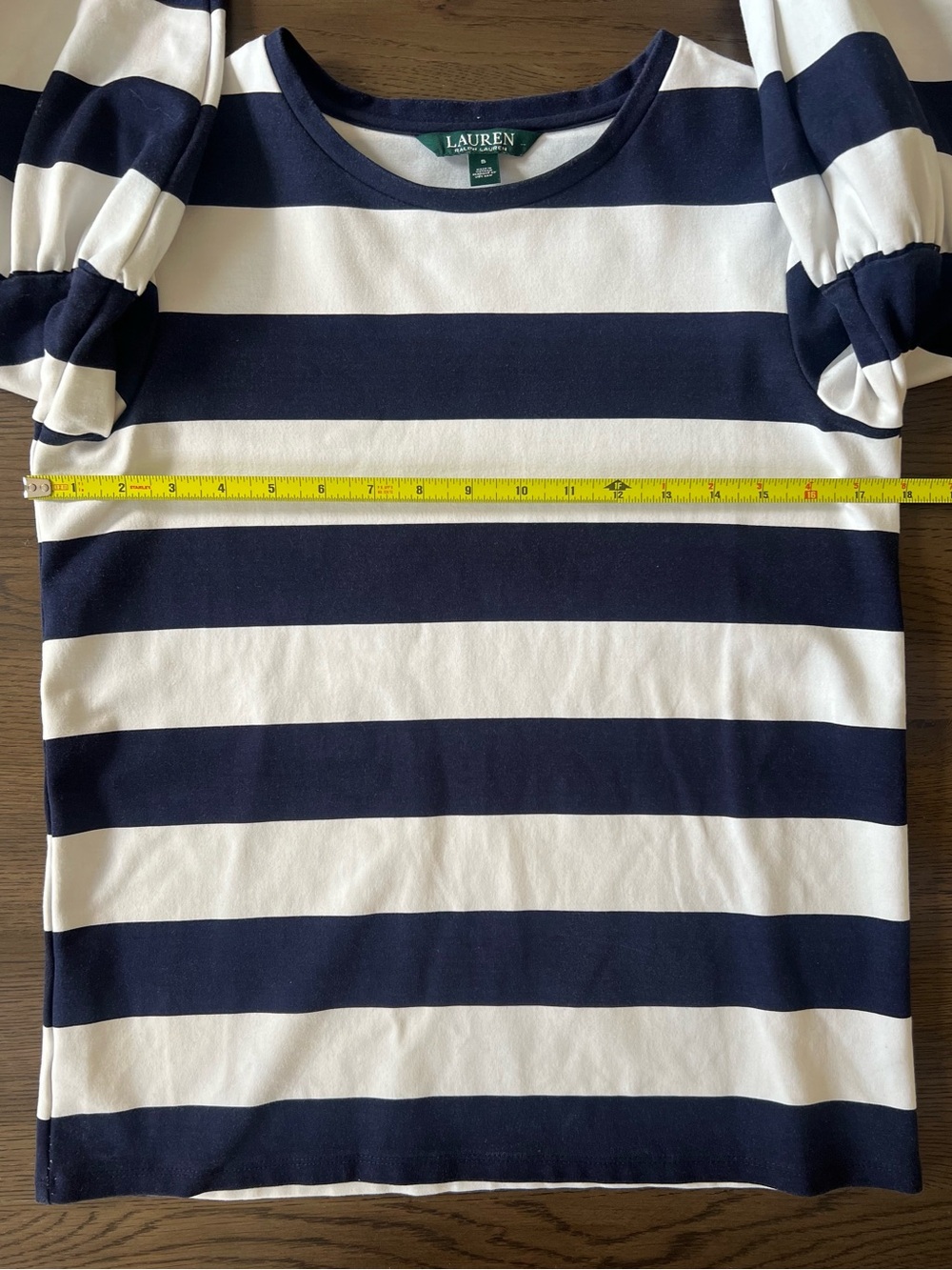 Lauren Ralph Lauren Navy & White Striped Trumpet Sleeve Top Size Small - Picture 9 of 12